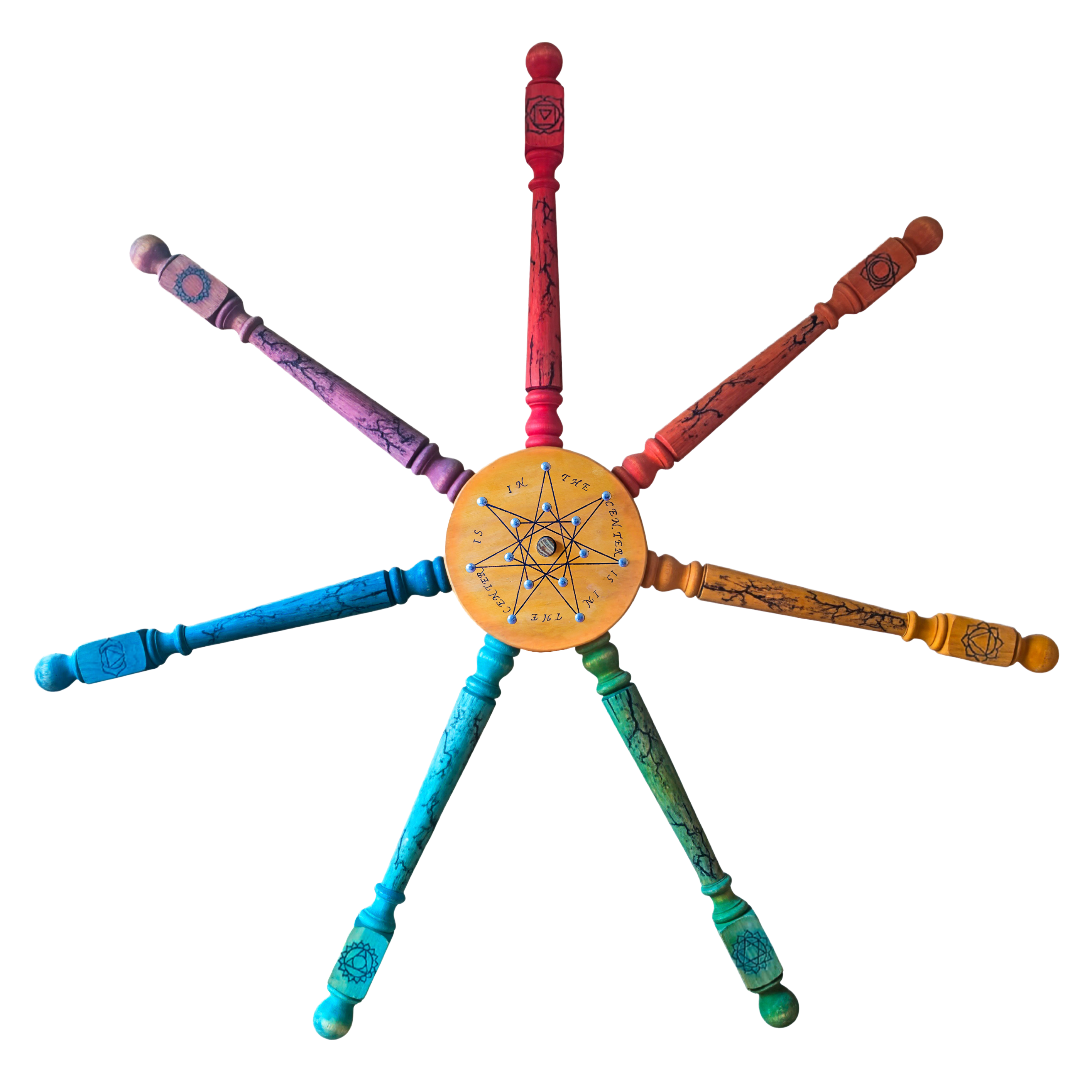 The Helm of Destiny, a hand-built wooden wheel with eight colored handles
